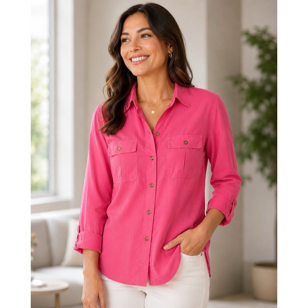 Liz Claiborne 100% Silk Button Up Long Sleeve Blouse Pink Petite Small Pockets